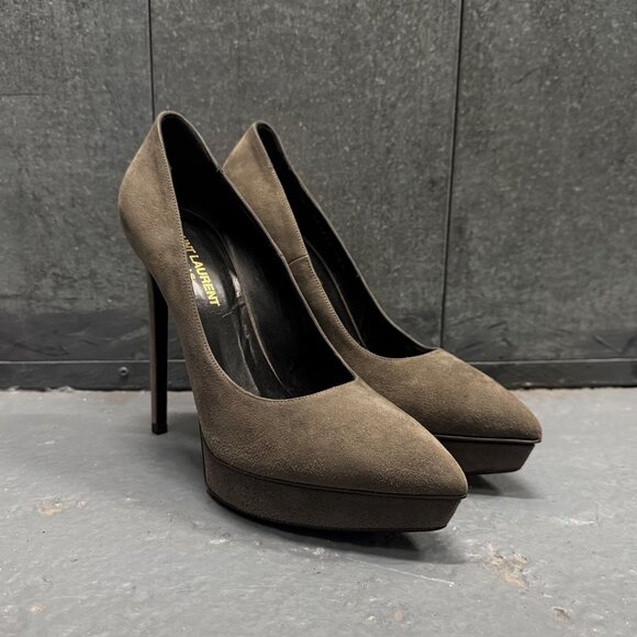 SAINT LAURENT PARIS dark gray suede leather platform stiletto heel shoes